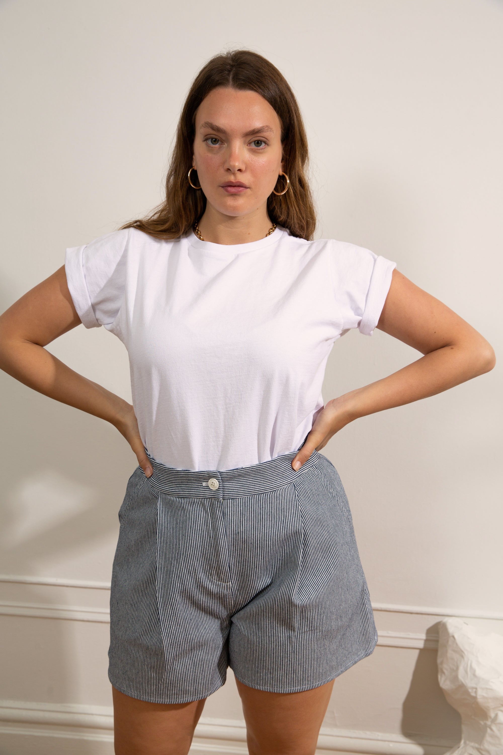 Pleated Margo Shorts in Blue and White Stripe Cotton | Loup