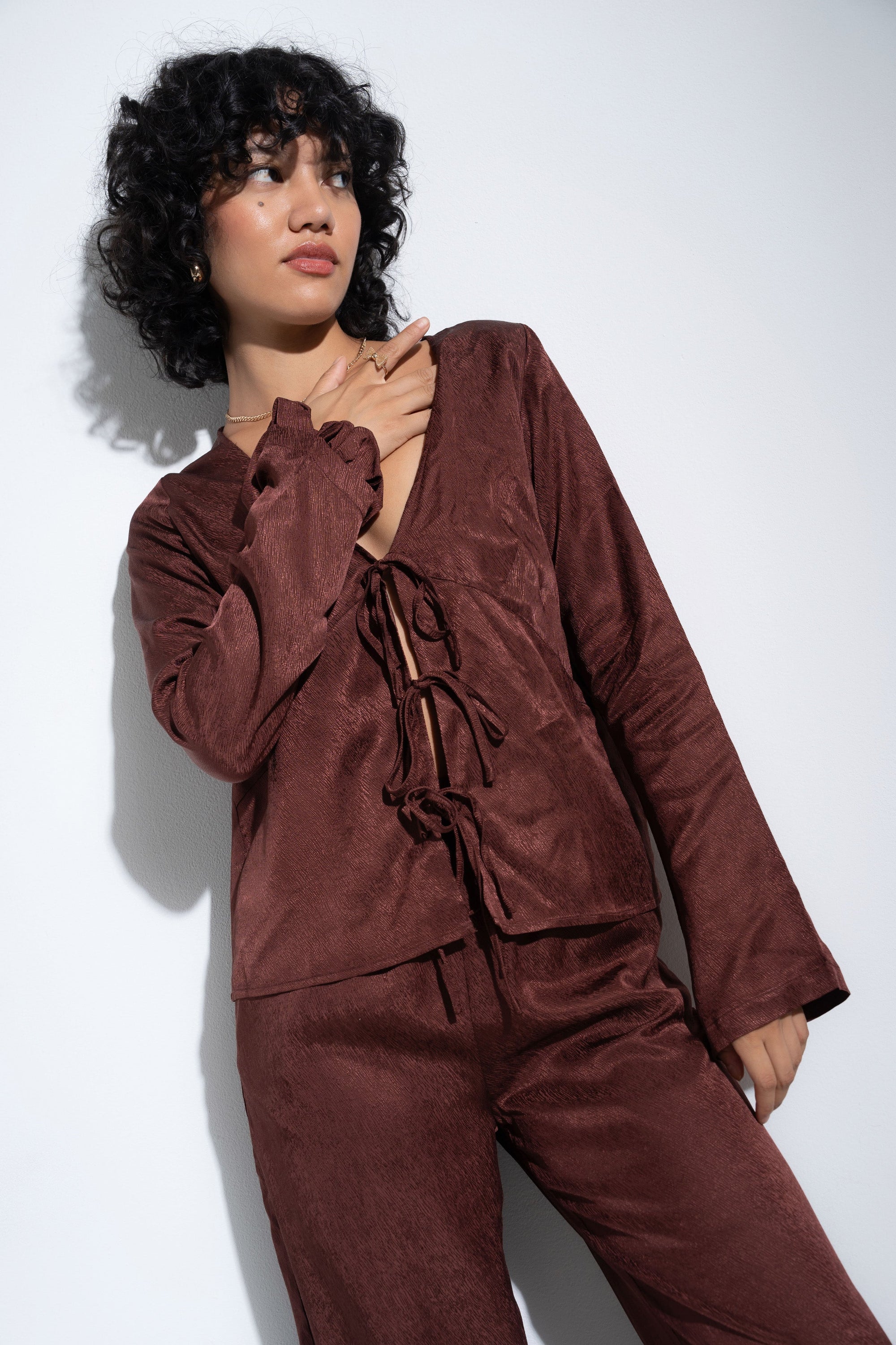 Be Idle - Tie Front Top - Brown -