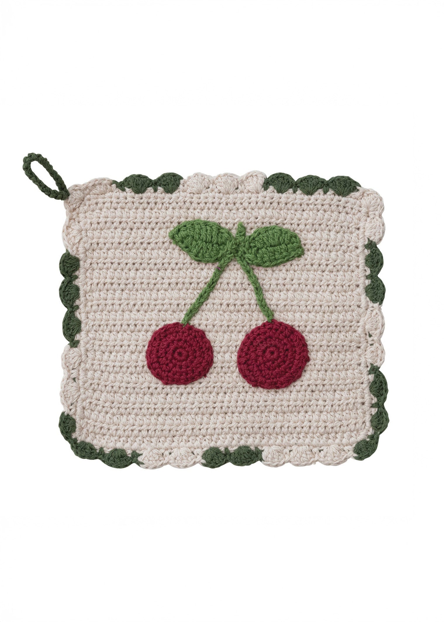 Cotton Crocheted Scalloped Pot Holder - Cherries