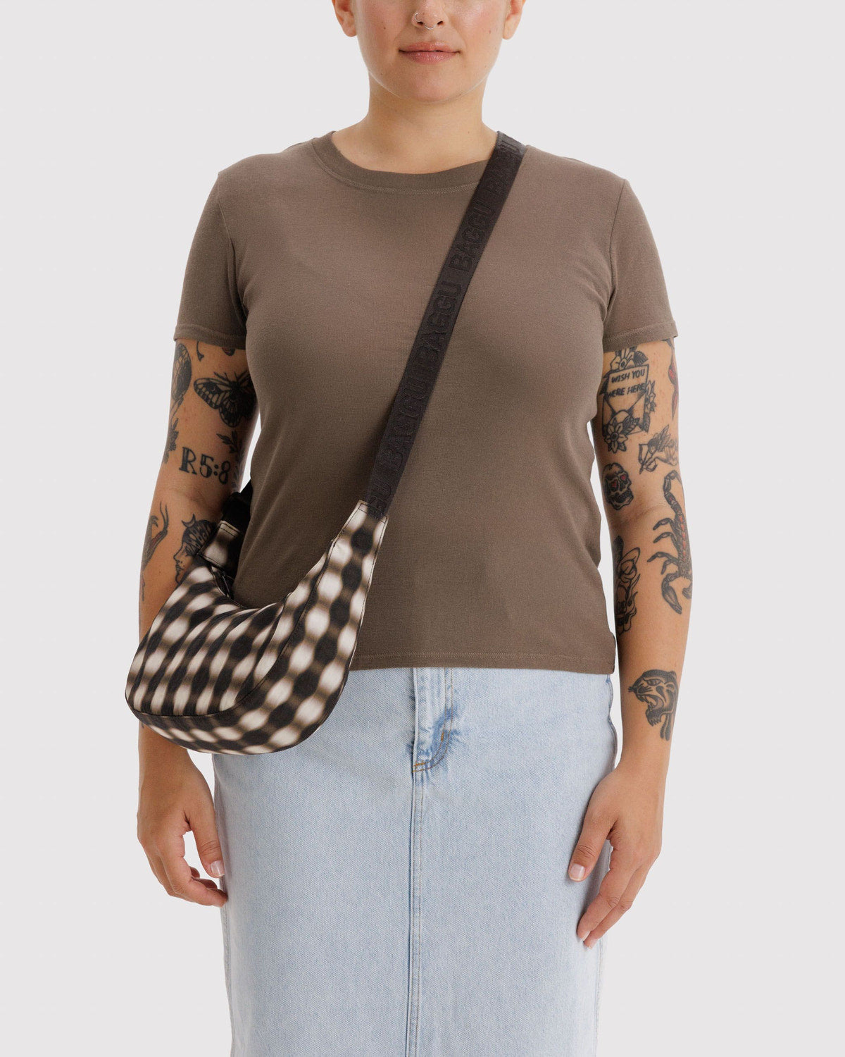 Baggu - Small Nylon Crescent Bag - Blurred Gingham Brown -