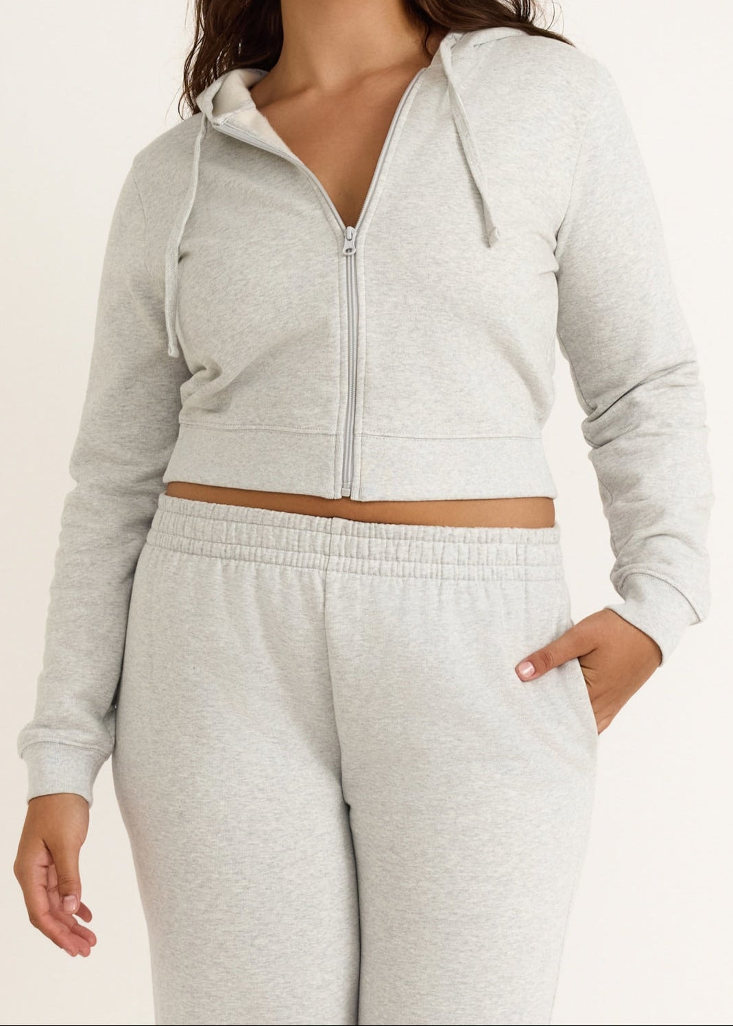 Organic Basics - Weekend Crop Zip Hoodie - Misty Grey Melange -