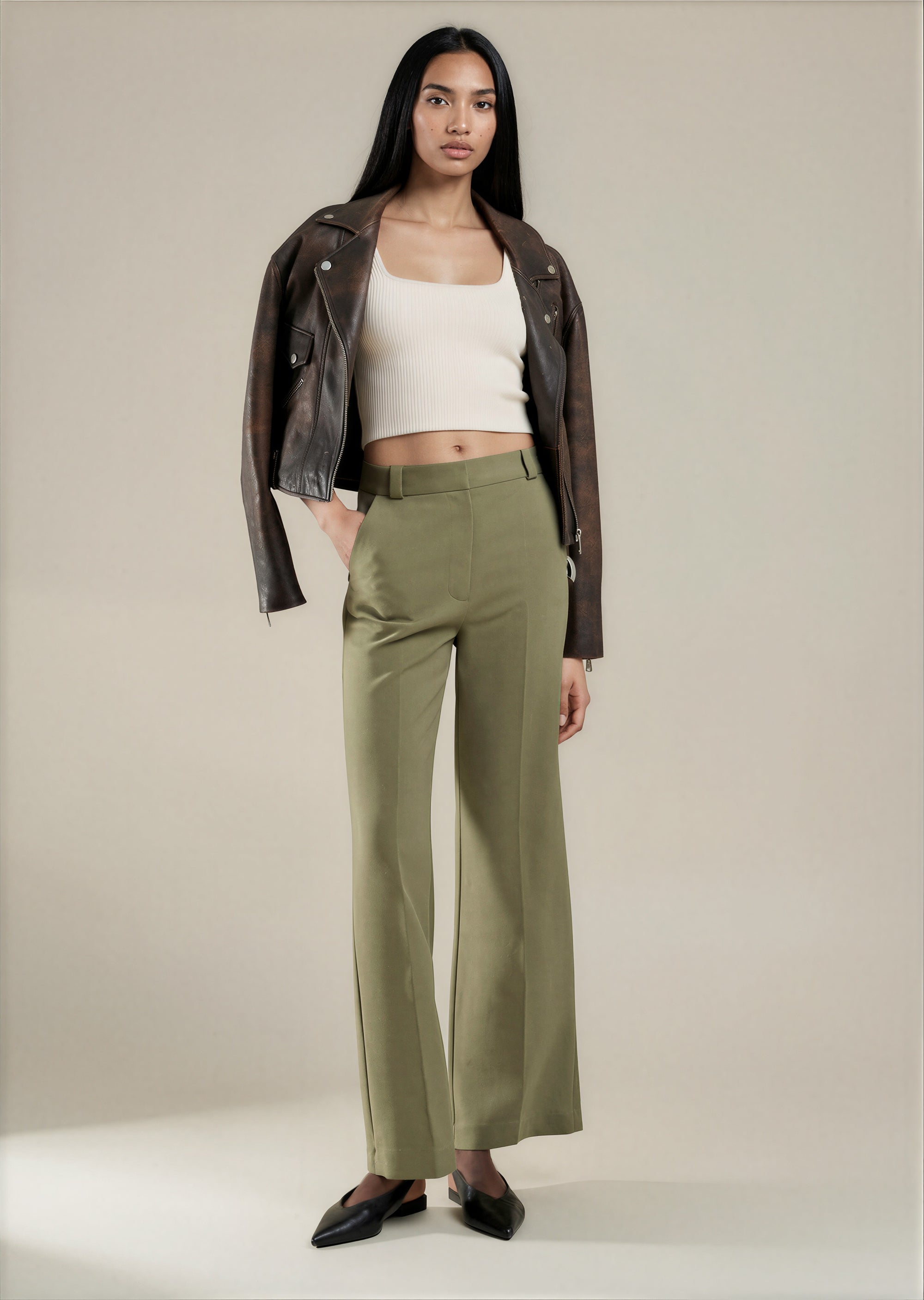 & Other Stories - Wide Press Crease Trousers - Khaki -
