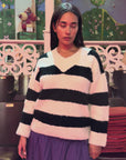 Coby V-Neck Sweater - Black/White Stripes