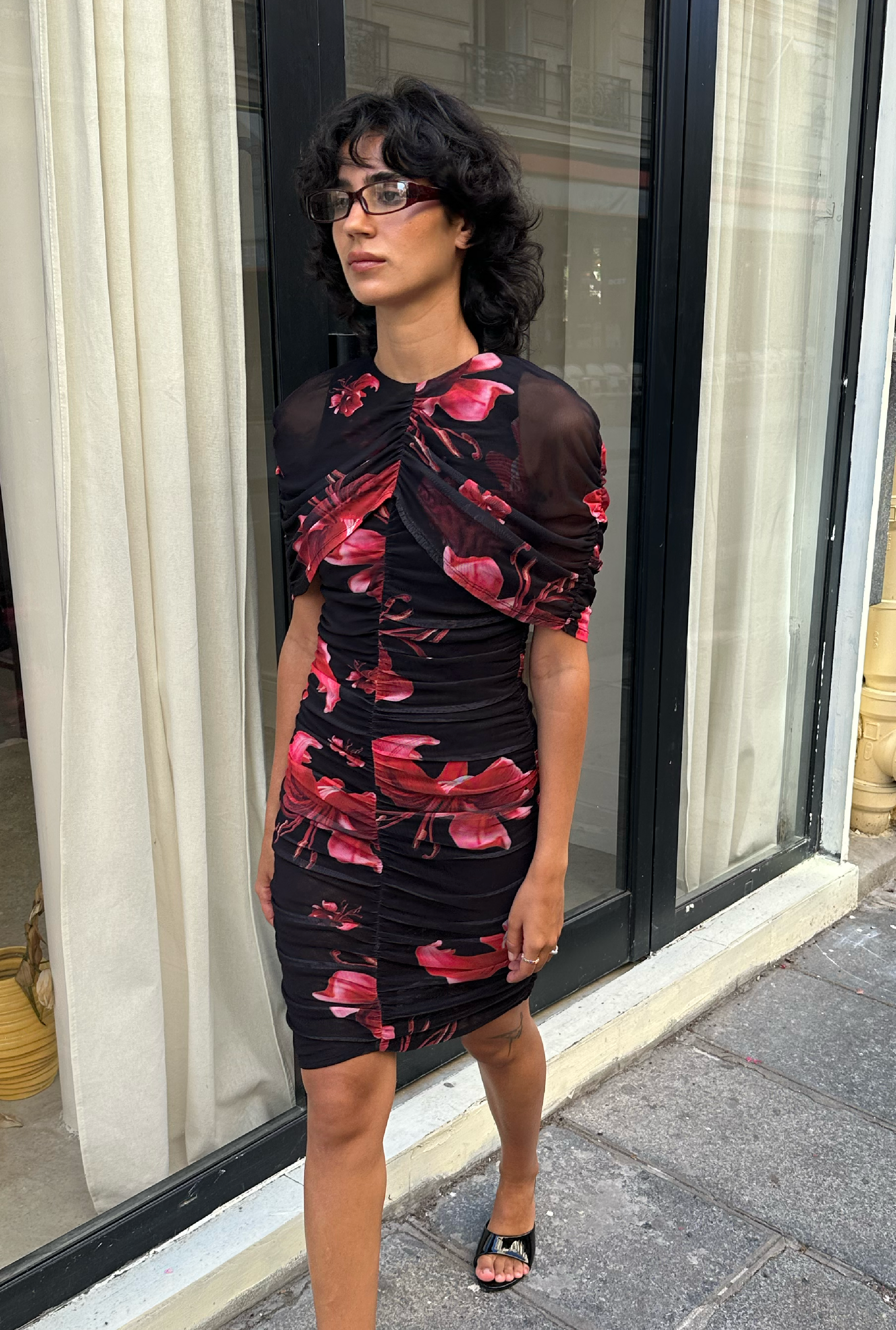 SAEMDI - SILA FLORAL MESH CAPE DRESS -