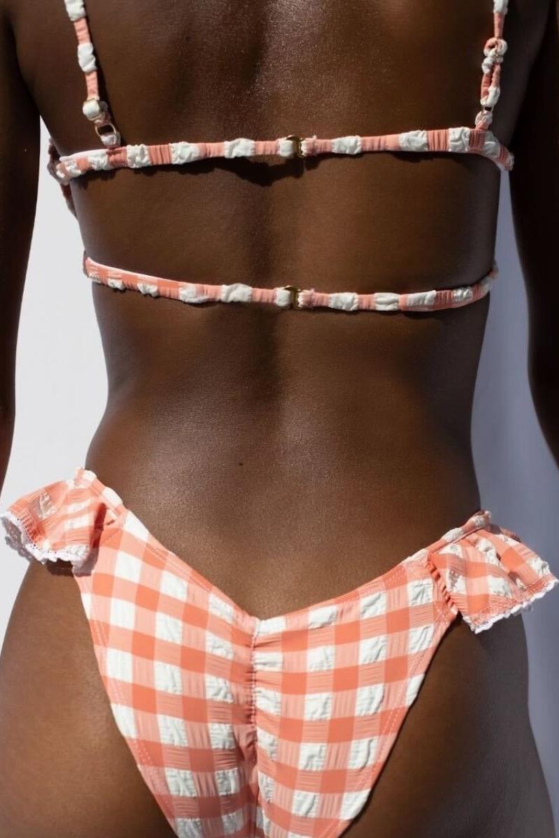 Montce - Shrimp Gingham Elany Tie-Up Bikini Top -