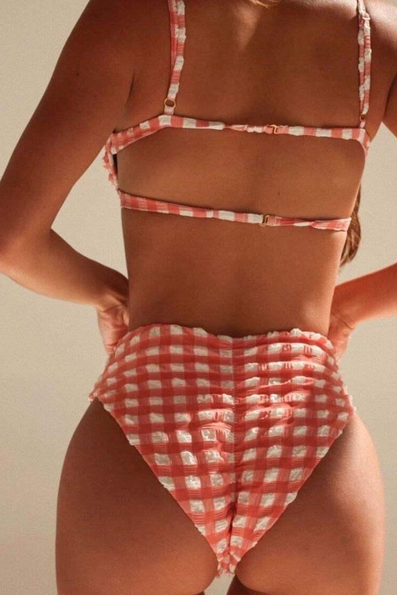 Montce - Shrimp Gingham Elany Tie-Up Bikini Top -