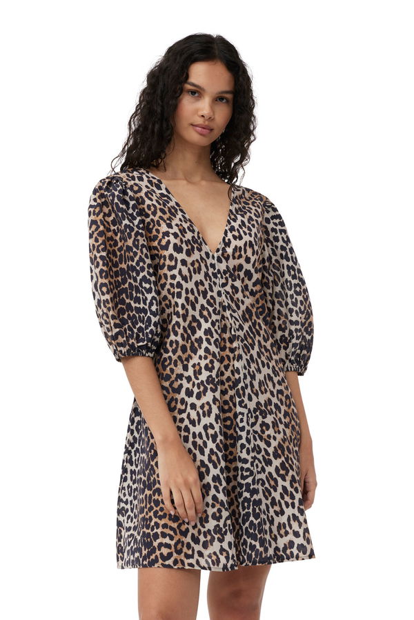 Ganni - Cotton Silk V-neck Mini Dress - Leopard -
