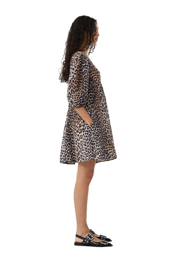 Ganni - Cotton Silk V-neck Mini Dress - Leopard -