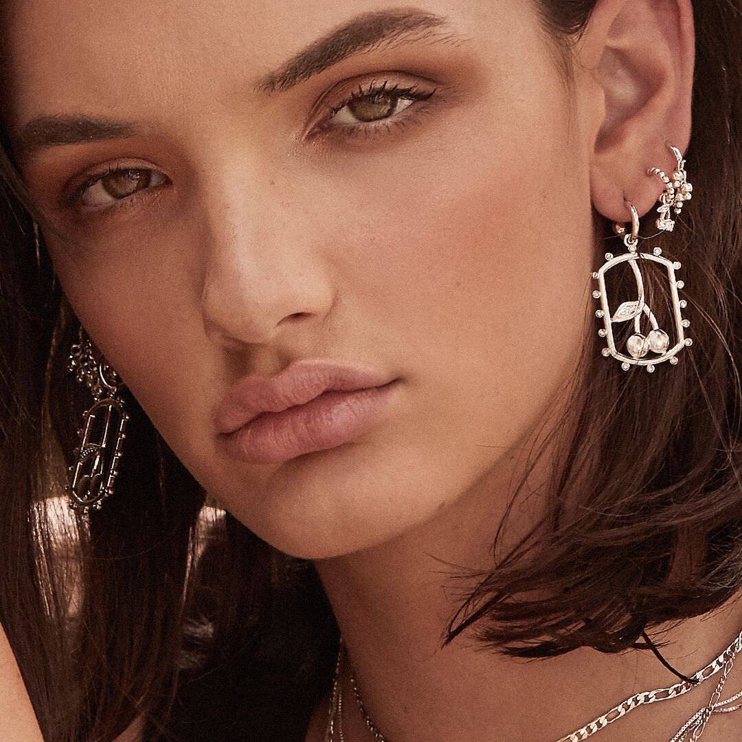 Luv Aj - Cherry + Heart Studded Huggies- Silver -